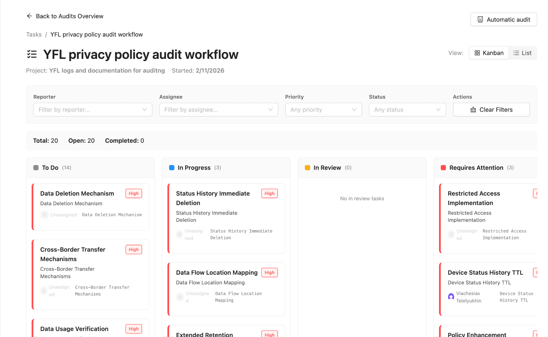 A privacy policy audit workflow shown as a task board with To Do, In Progress and Requires Attention columns