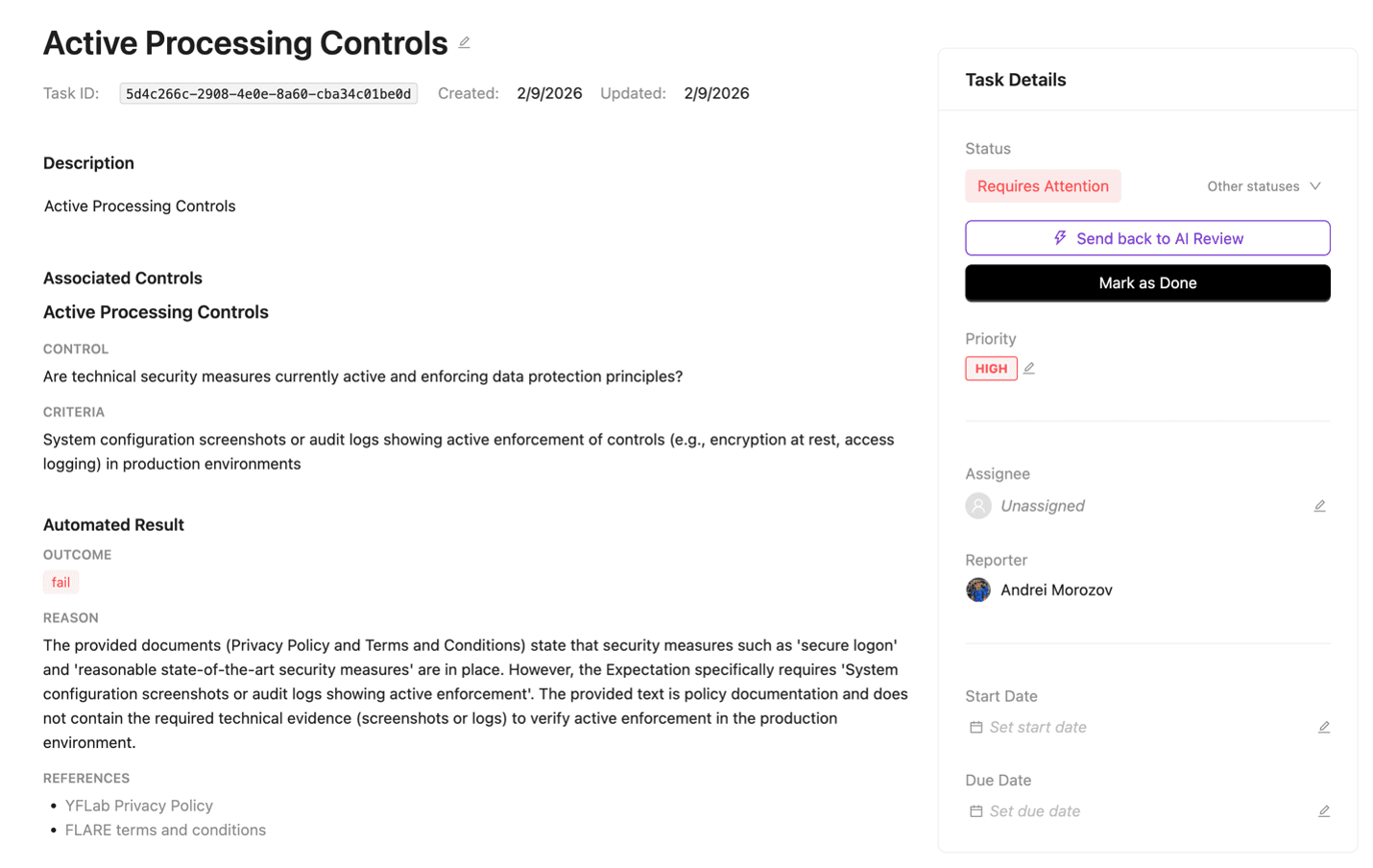 A StructLex audit task, Active Processing Controls, with the automated outcome, the reason and the referenced documents