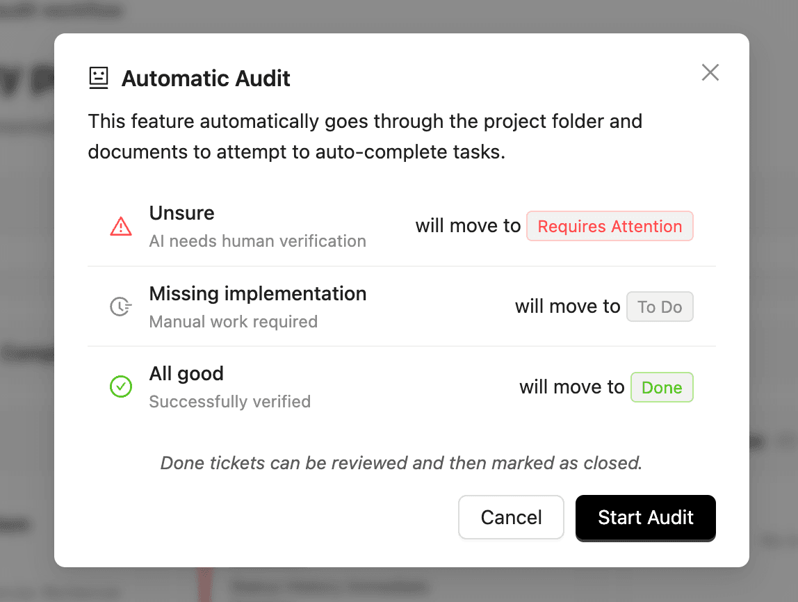 The automatic audit dialog explaining how verified, unsure and missing results are sorted