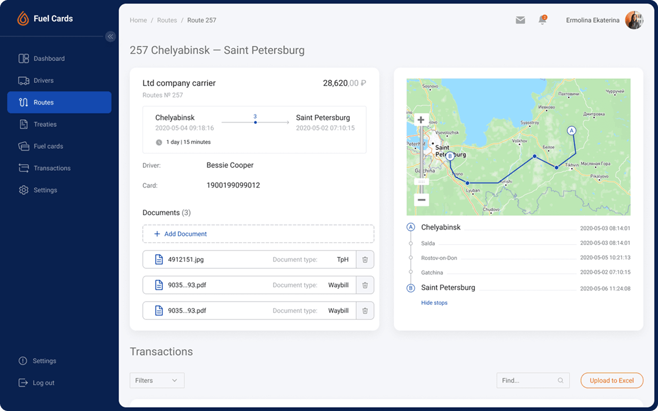 The fuel card system showing route 257 with the carrier, driver, card, attached documents and every stop on a map